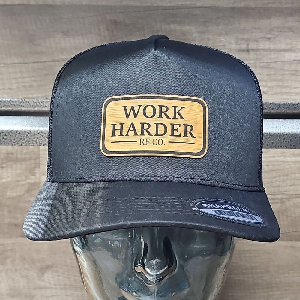 WORK HARDER  RF Co. Trucker Snapback Hat Cap Black Snapback 5 Panel